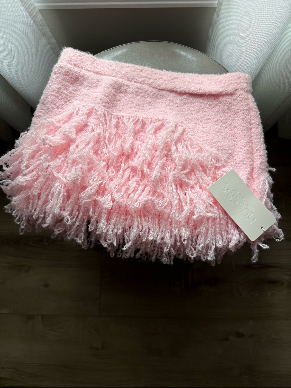 Soft Pink Fringe Knit Mini Skirt